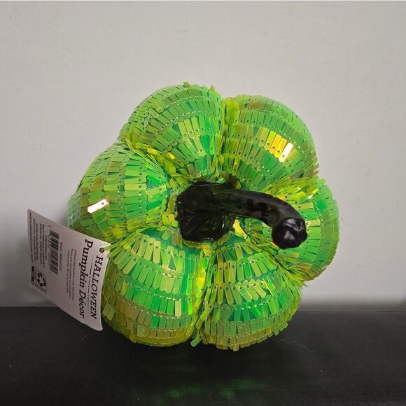 Lime Green Sequin Pumpkin Tabletop Decor Spooky Halloween Decoration 6.5in, New - Picture 5 of 5